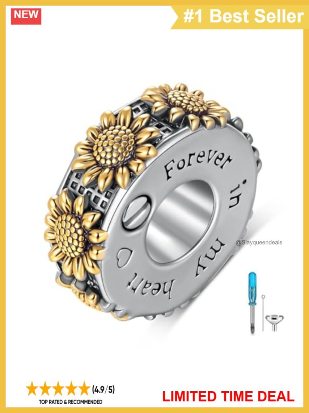 Sunflower Urn Bead Charm 925 Sterling Silver Cremation Memorial Jewelry Gift